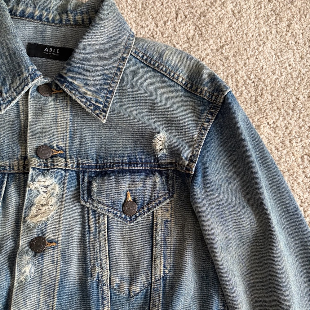 ABLE Women's Merly Denim Trucker Jacket Distressed Blue Closet Staple Sz Medium - Picture 7 of 14